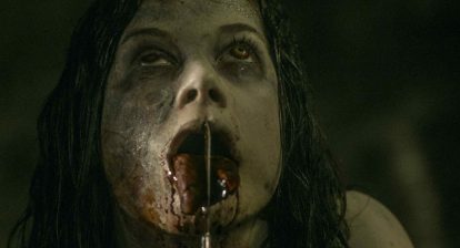 A possessed Maya (Jane Levy) slits her tongue in the remake Evil Dead 2013 - directed by Fede Alvarez.