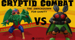 Cthulhu and Mothman wrestling figures in combat attire