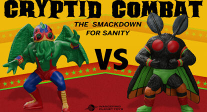 Cthulhu and Mothman wrestling figures in combat attire