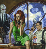 Cal Sits behind his desk with a lovely woman in front of him on the phone and a zombie beside him