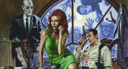 Cal Sits behind his desk with a lovely woman in front of him on the phone and a zombie beside him